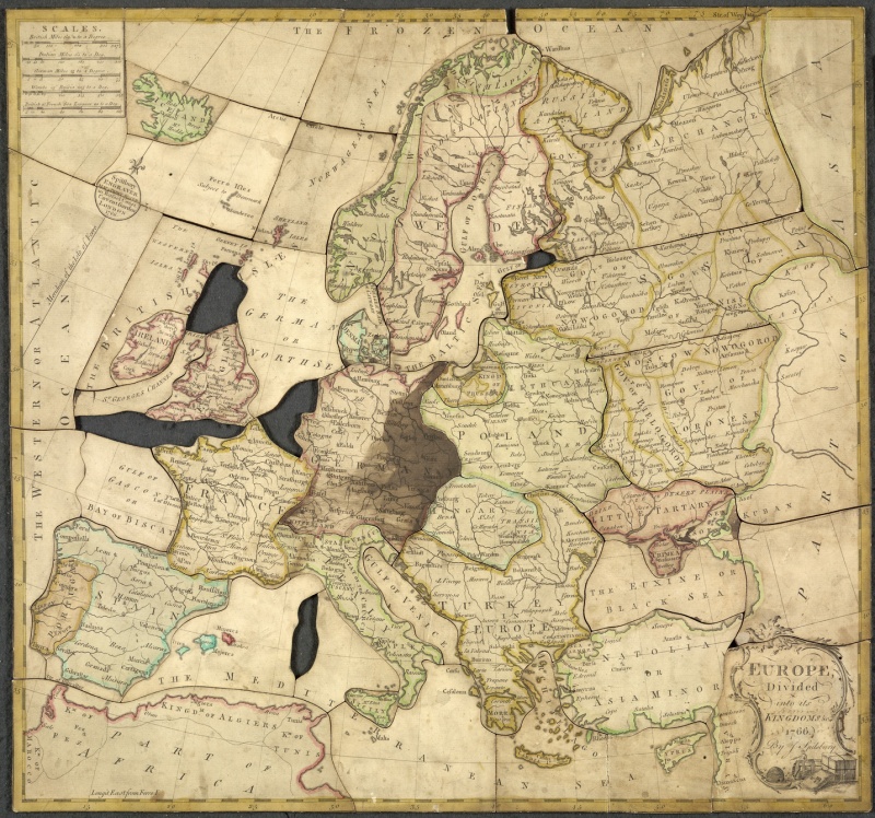 Europa podzielona na królestw i tym podobne - pierwsze puzzle z 1766 roku (źródło: wikimedia.org)   