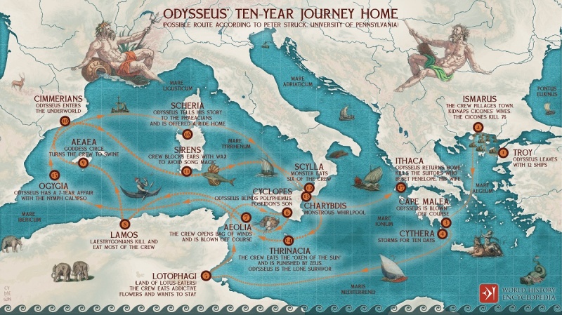 Mapa podróży Odyseusza (źródło: https://www.worldhistory.org)  