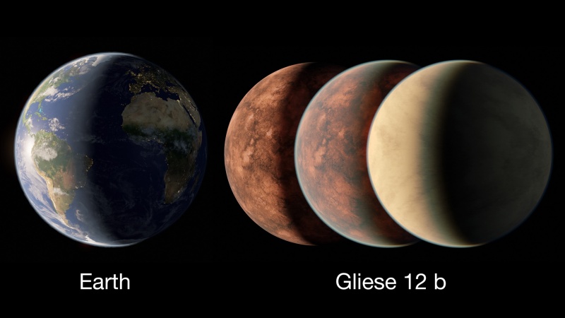 Koncepcja artysty porównuje Ziemię z różnymi możliwymi interpretacjami Gliese 12b (ryc.
NASA/JPL-Caltech/R. Hurt)  