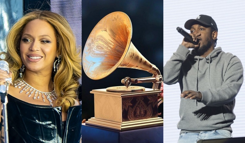 Beyonce (fot. wikimedia.org); Grammy (fot. www.grammy.com); Kendrick Lamar (fot.  anspress-society-news/www.flickr.com),   